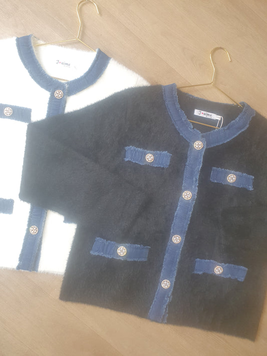 Black demin detailed buttoned cardigan